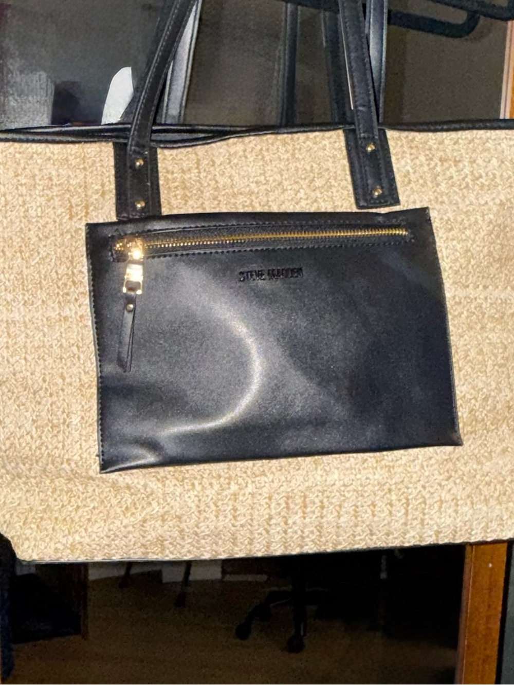 Steve Madden Black and Natural Woven Tote with Front Zip Pocket